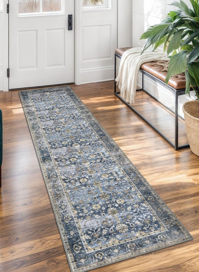 KUTA Vintage Washable Runner Rug, 2x7 Blue Grey Beige Runners for Hallways Non-Slip Kitchen Rugs Ultra Thin Soft Printed Distressed Oriental Floral Floor Carpet for Laundry Bedroom Living Room - Image 1